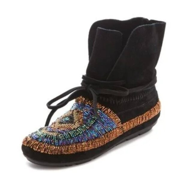 House of Harlow 1960 Beaded Suede Lace-Up Moccasin Boots Black Gold Boho Festiva - Picture 5 of 16